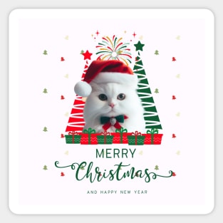 White cat in Santa hat with Christmas tree Merry Christmas and happy New Year,Brafdesign Sticker